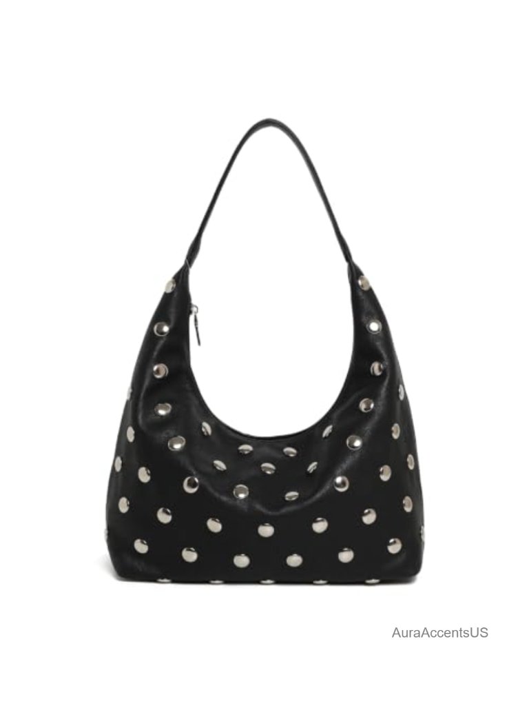 Studded Hobo Bag For Women Slouchy Shoulder Purse Large Rivet Pu Leather Edgy